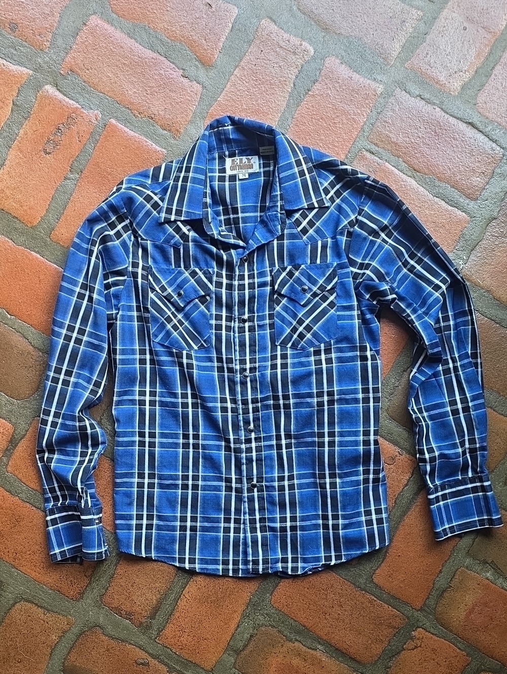 ELY CATTLEMAN boys Blue Plaid Snap-Up Shirt